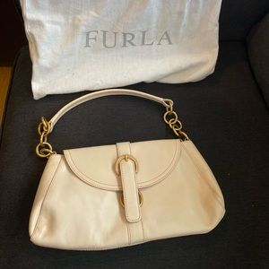 Furla beige leather handbag with gold accents and red stitching